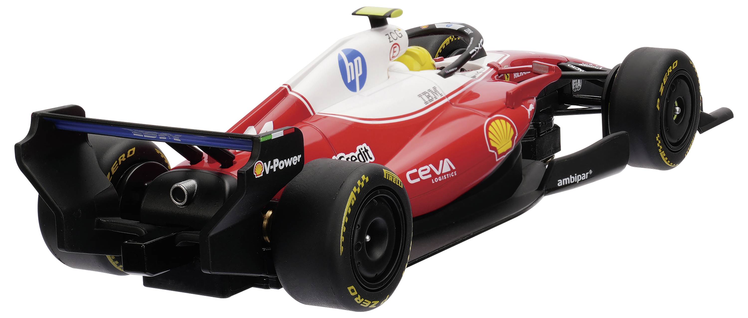 Voiture de course Formule 1 aux couleurs rouge et blanc de la marque HP, présentée en vue latérale sur fond blanc.