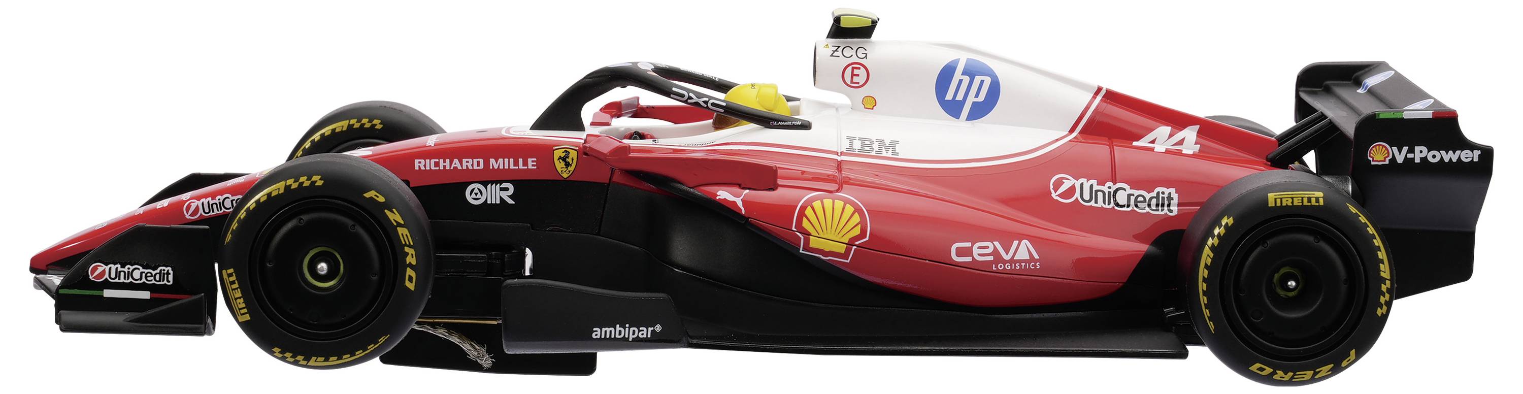 Voiture de course Formule 1 rouge et blanche vue de profil, portant les logos des sponsors HP, Shell et autres, numérotée 44.