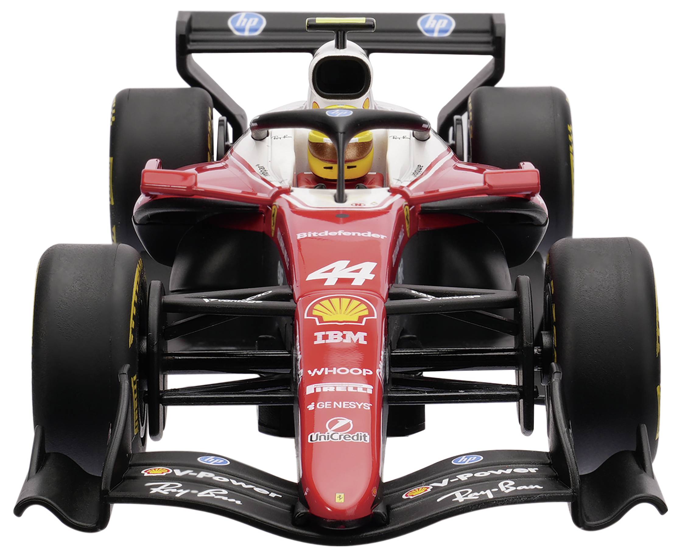 Vue de face d'une voiture de course Formule 1 rouge avec le numéro 44 et les logos des sponsors, présentée sur fond blanc.