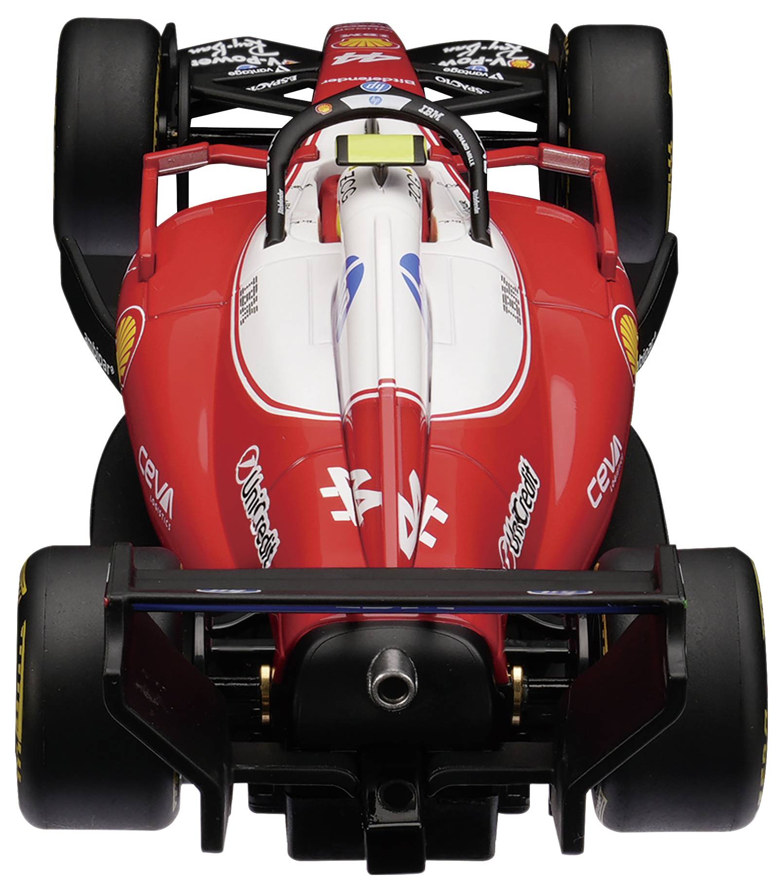 Vue de dessus d'une voiture de Formule 1 rouge avec des accents blancs et des logos de sponsors sur un fond blanc uni.