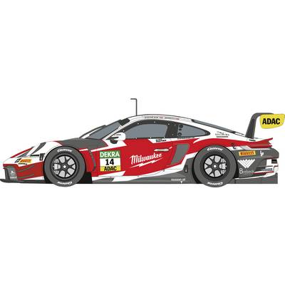 Voiture de course Milwaukee/ADAC rouge et blanche vue de profil, numéro 14, avec des autocollants de parrainage et un grand aileron arrière.