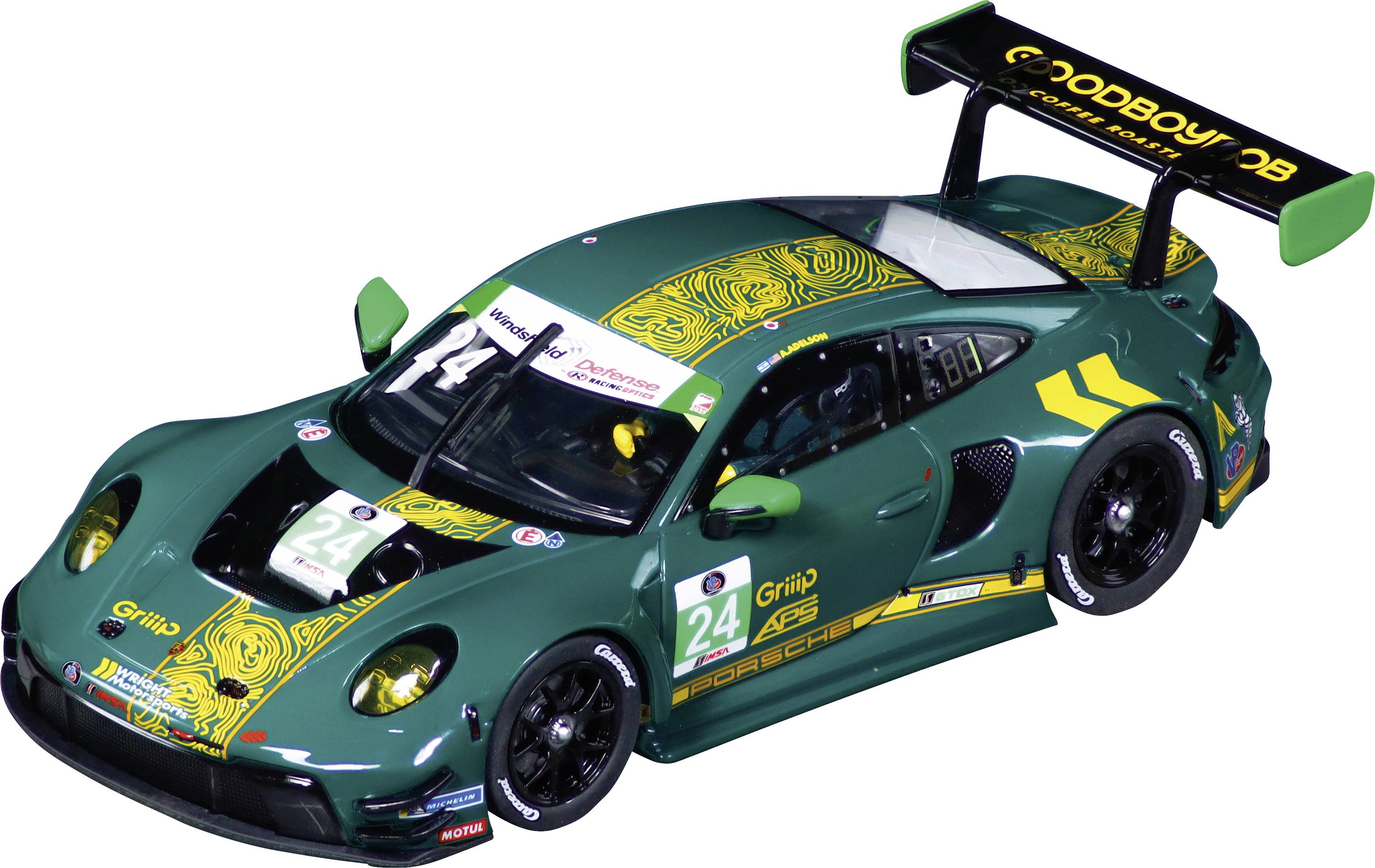 Voiture de course de style Porsche verte, numéro 24, avec des graphiques jaunes et un aileron arrière, présentée sur un fond blanc.