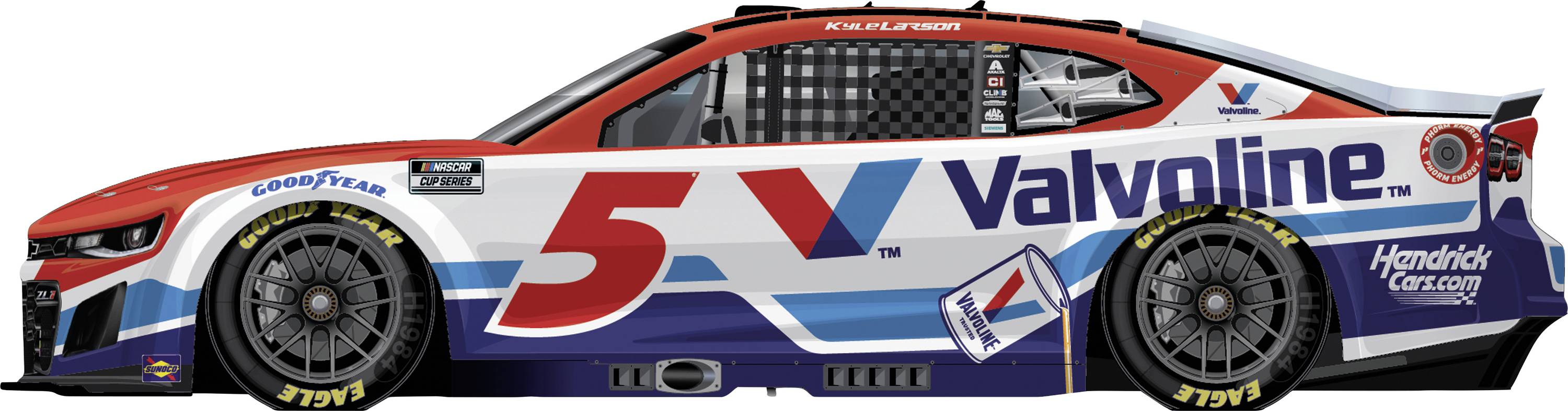 Voiture de course de style NASCAR rouge et blanche numéro 5 avec les logos de sponsorisation Valvoline et HendrickCars.com, présentée en vue latérale.