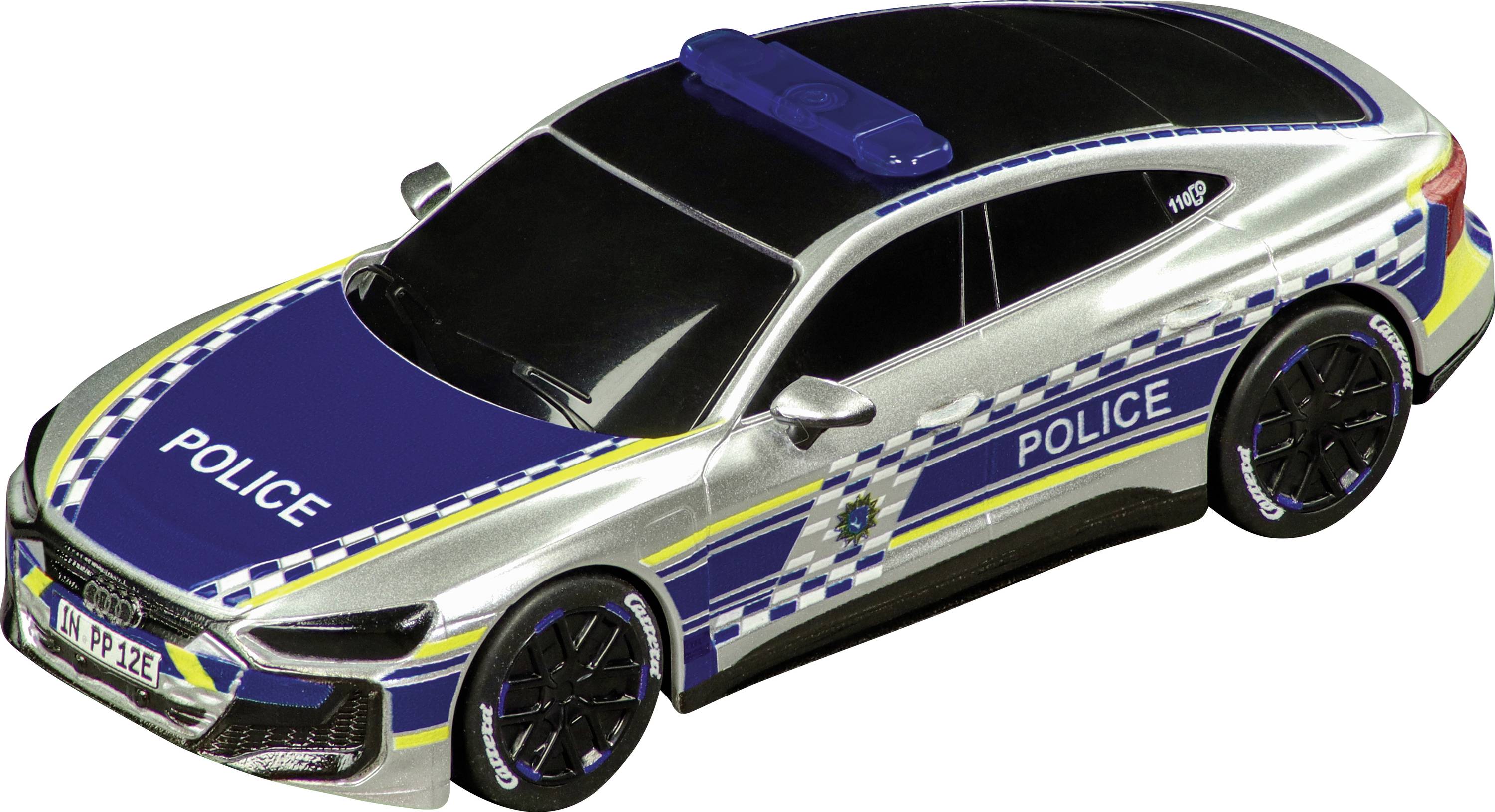 Voiture de patrouille de police en livrée argentée et bleue, vue de dessus sur fond blanc.