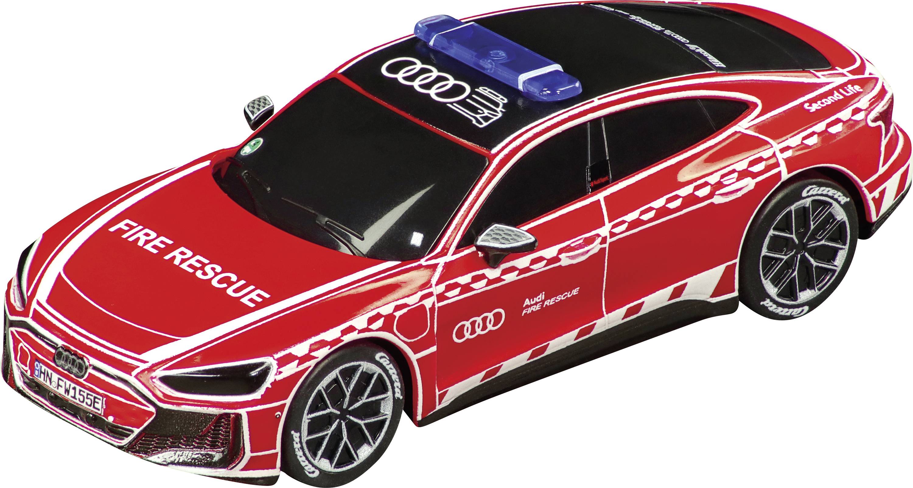 Modèle de voiture d'urgence et de sauvetage incendie de style Audi rouge avec des feux de toit et des marquages « FIRE RESCUE » sur un fond blanc.