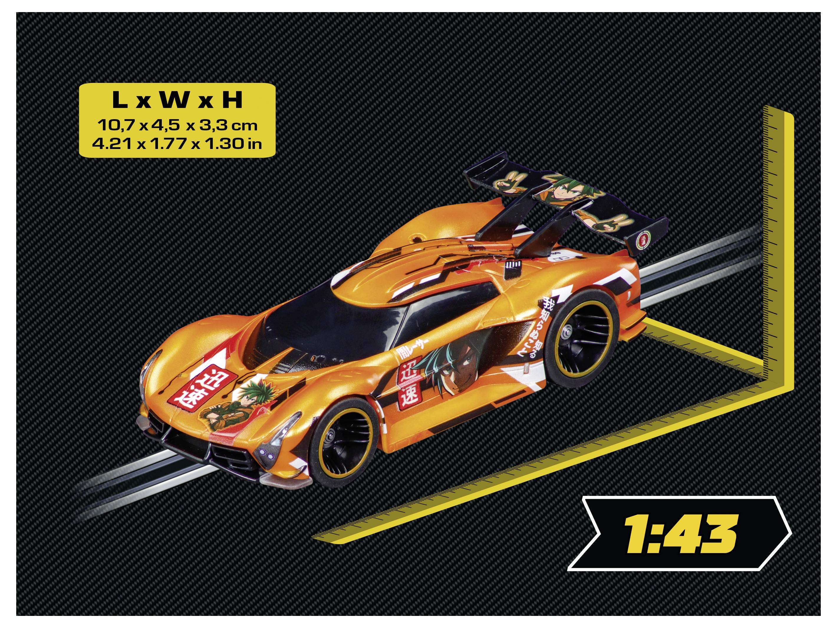Modèle de voiture de course à l'échelle 1:43 Orange présenté avec étiquette de dimensions L×l×H 10,7×4,5×3,3 cm et 4,21×1,77×1,30 po.
