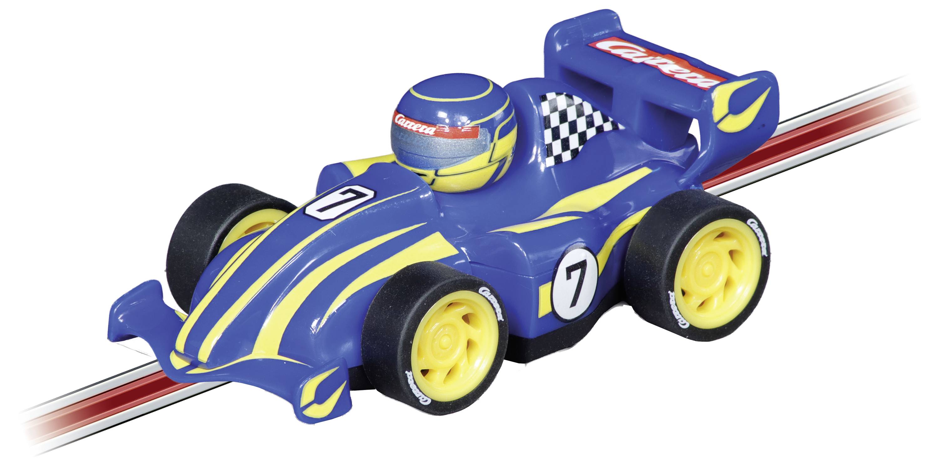 Voiture de course jouet bleue et jaune sur fond blanc, présentée sur une piste rouge et blanche avec une figurine de pilote et le numéro 7.