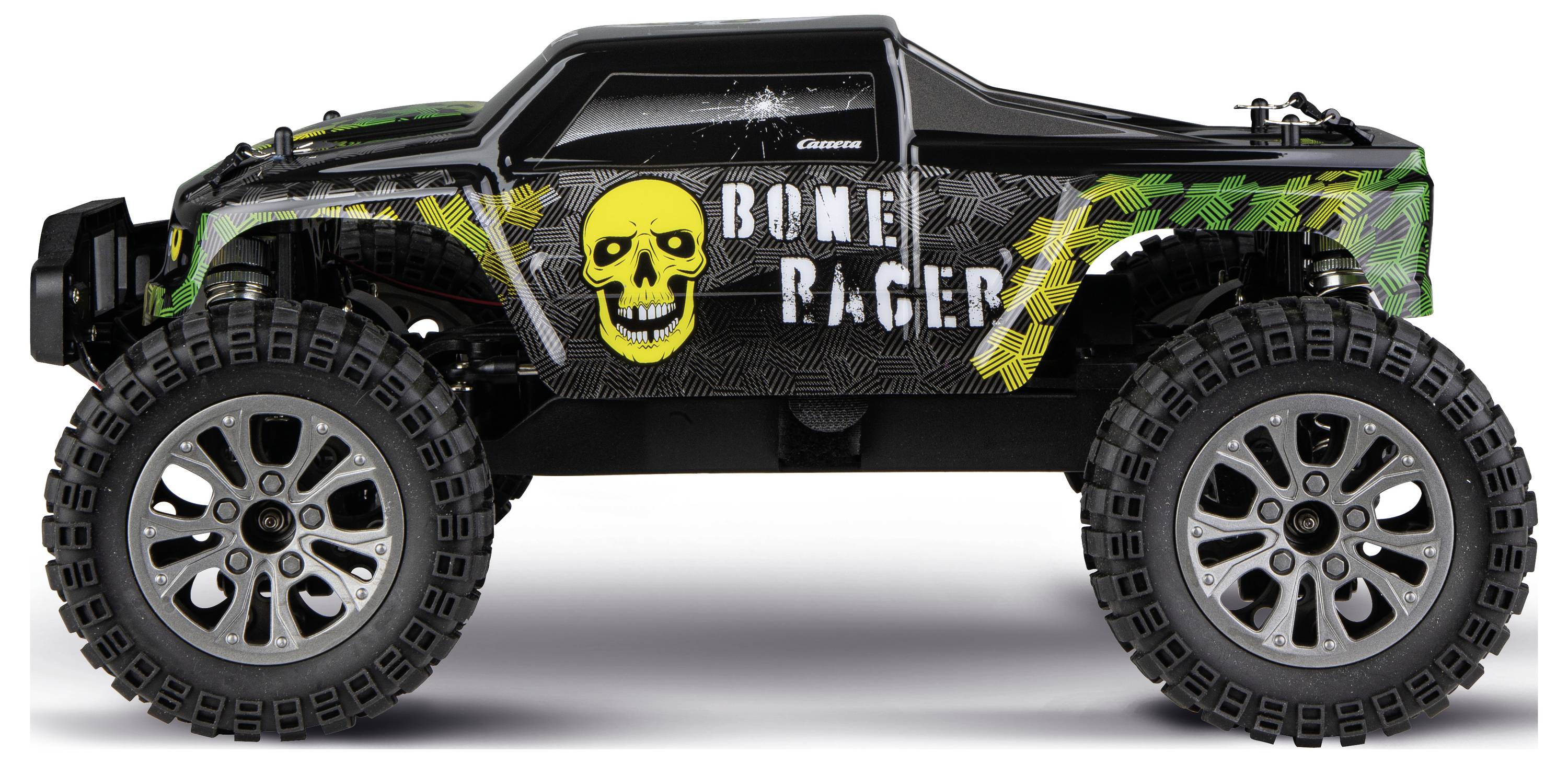 Camion jouet tout-terrain noir et vert avec des pneus surdimensionnés, un logo de crâne et le texte « BONE RACER » sur le côté.