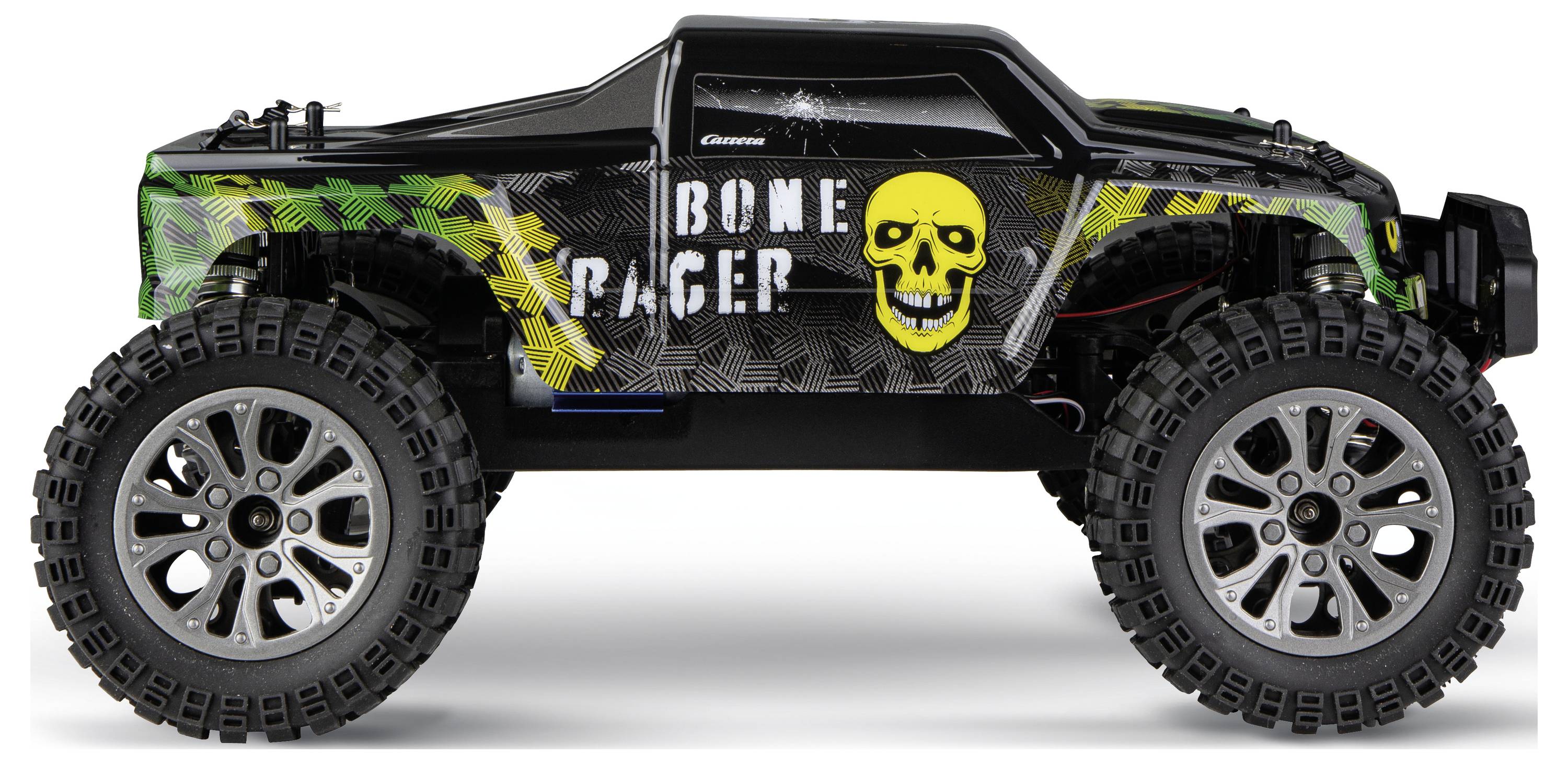 Camion RC tout-terrain noir avec des pneus surdimensionnés et des graphiques à thème crâne 'Bone Racer' sur le côté.