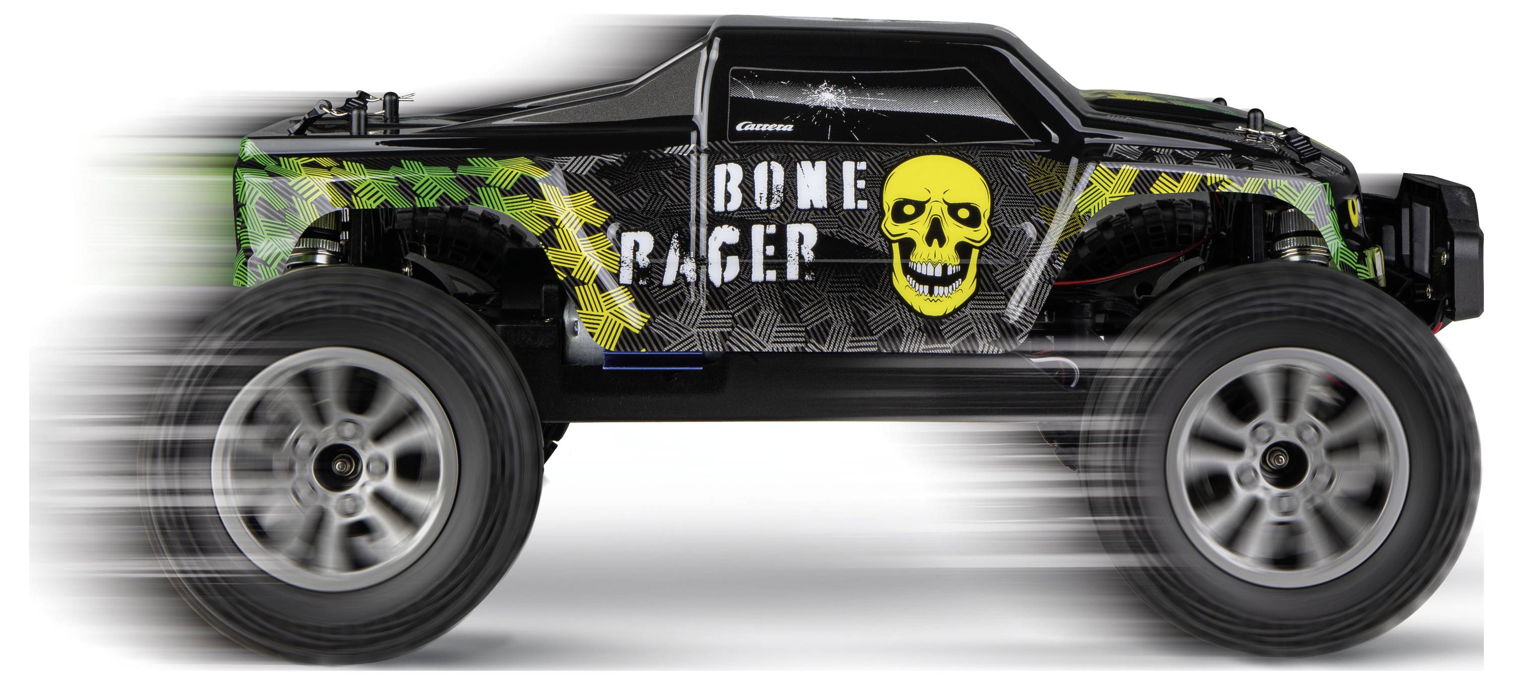 Camion de travail noir tout-terrain en vue de profil avec un graphique de crâne « BONE RAGER », montré en train de rouler sur un fond blanc.