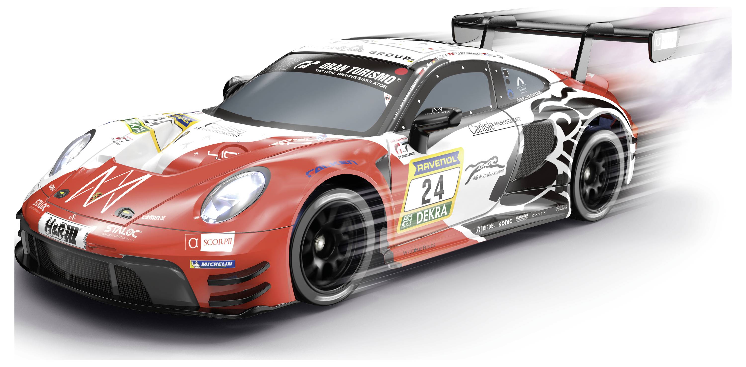 Voiture de sport de course rouge et blanche avec le numéro 24, floutée comme si elle roulait à grande vitesse sur un fond blanc.