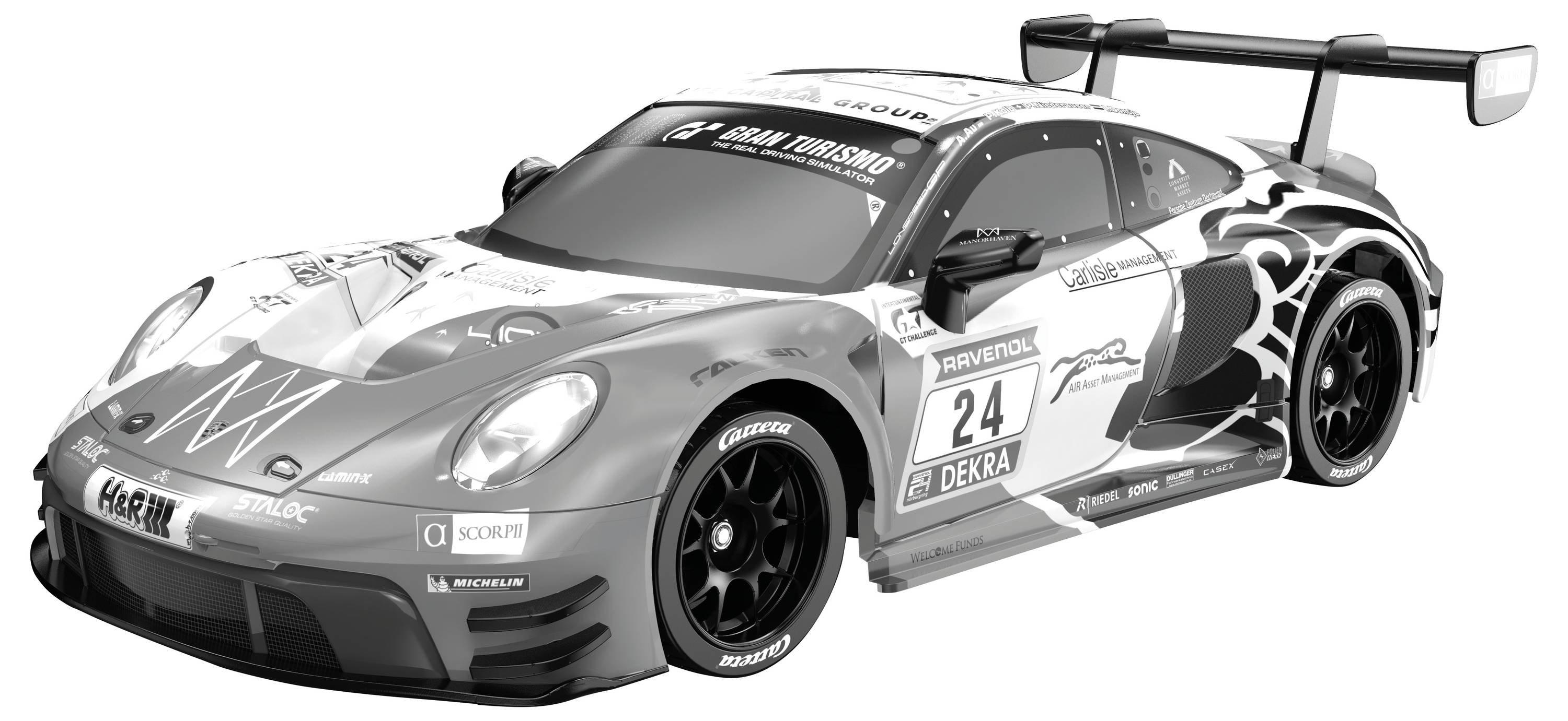 Une voiture de sport de course, numéro 24, présentée en vue latérale avec des autocollants de sponsors et un grand aileron arrière.