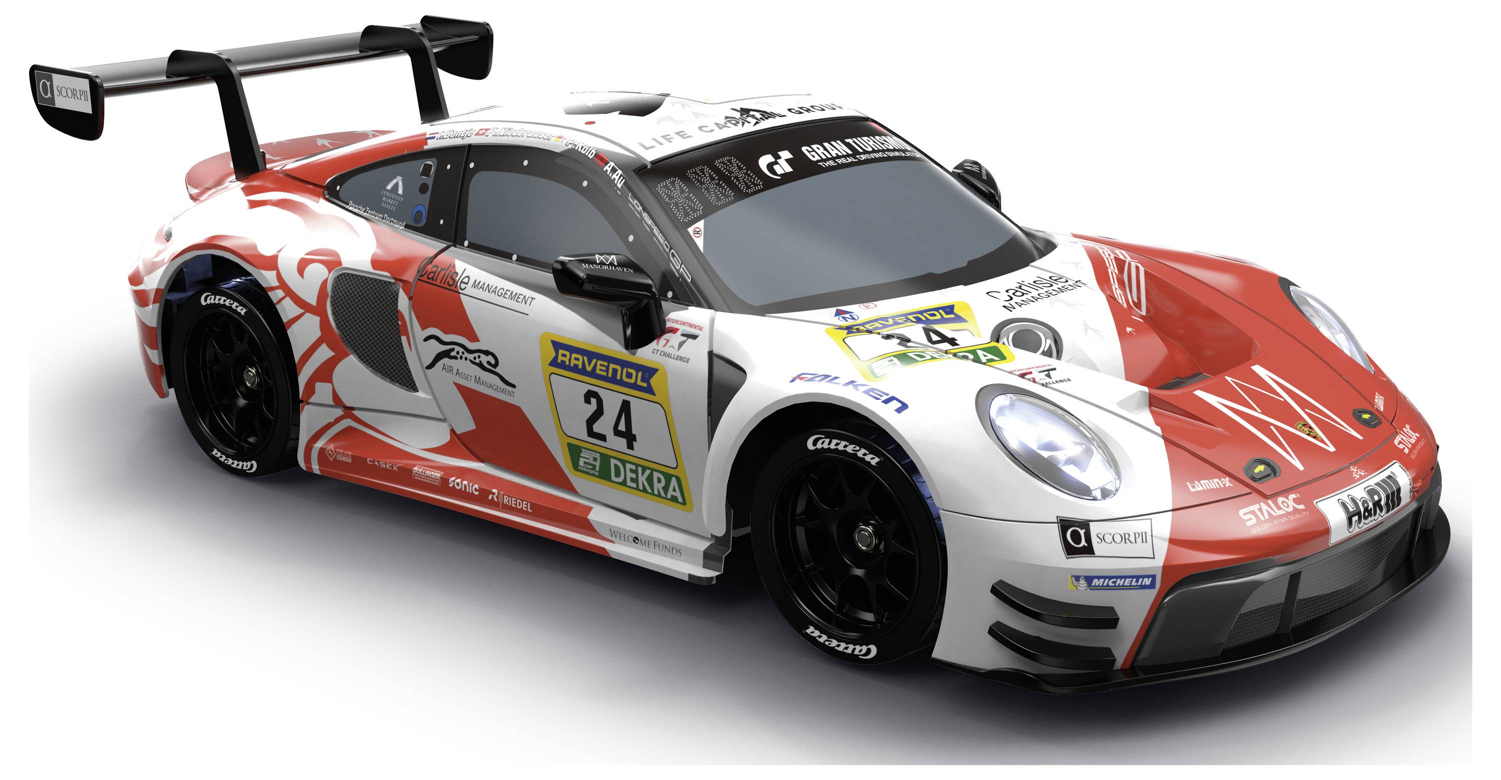 Voiture de course GT blanche, rouge et noire avec des décalcomanies de sponsors, numéro 24, et un grand aileron arrière, présentée en vue de côté sur un fond uni.