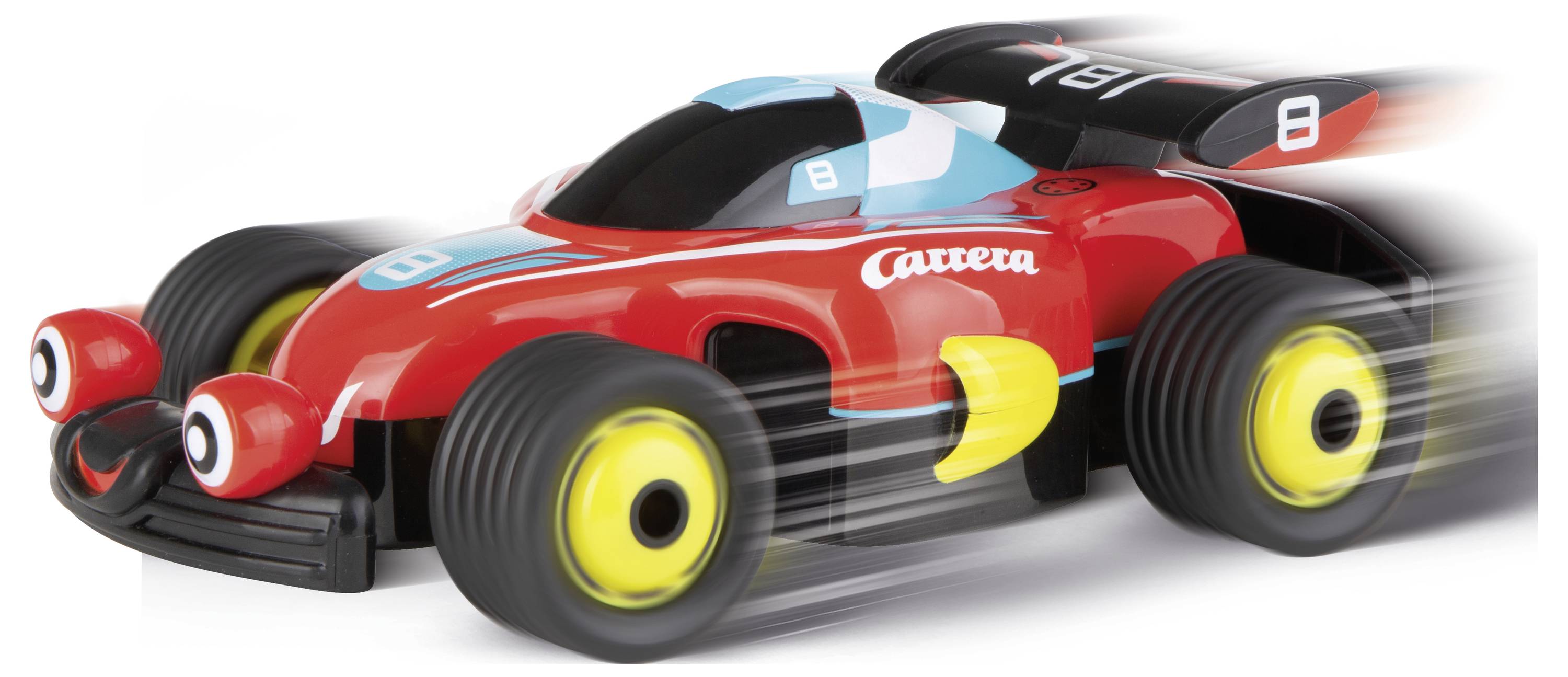 Voiture de course jouet rouge et noire avec des roues jaunes, montrant une accélération sur un fond blanc.