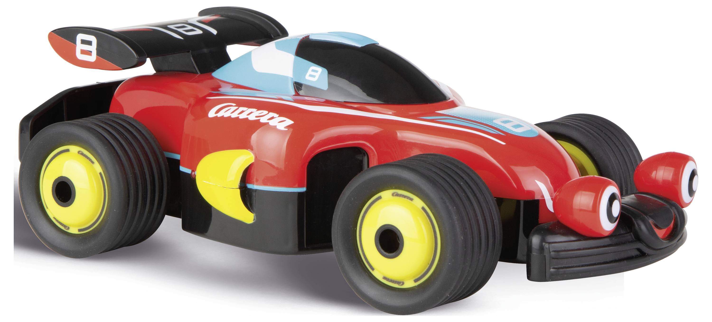 Voiture de course jouet rouge avec le numéro 8, accents noirs et bleus, présentée sur un fond blanc.