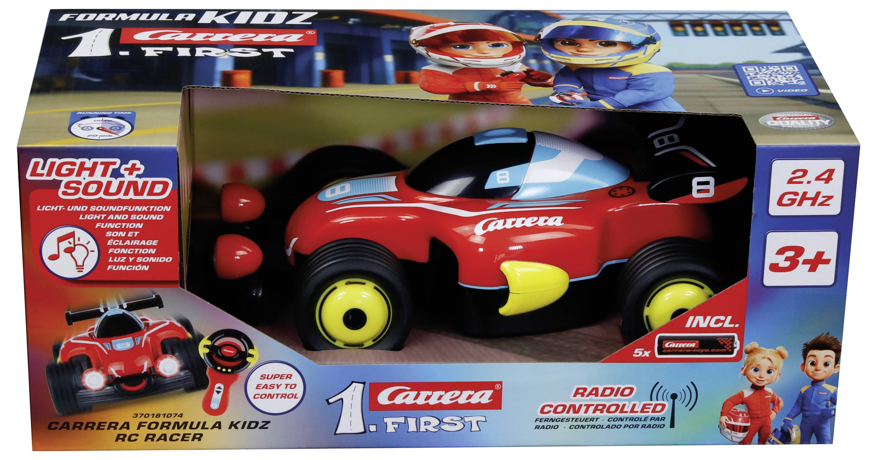 Voiture de course radiocommandée Carrera First Formula KIDZ en boîte, rouge et bleue, avec effets lumineux et sonores, pour les enfants de 3 ans et plus et contrôle 2,4 GHz