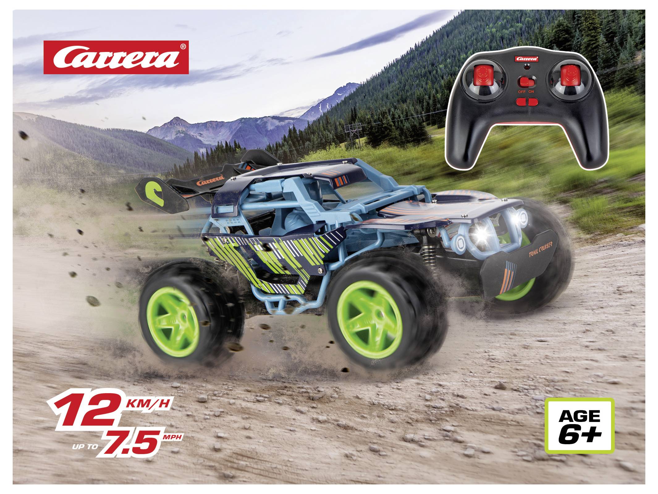 Buggy tout-terrain radiocommandé Carrera fonçant dans la terre, avec la télécommande visible ; annonce une vitesse de 12 km/h et convient à partir de 6 ans.