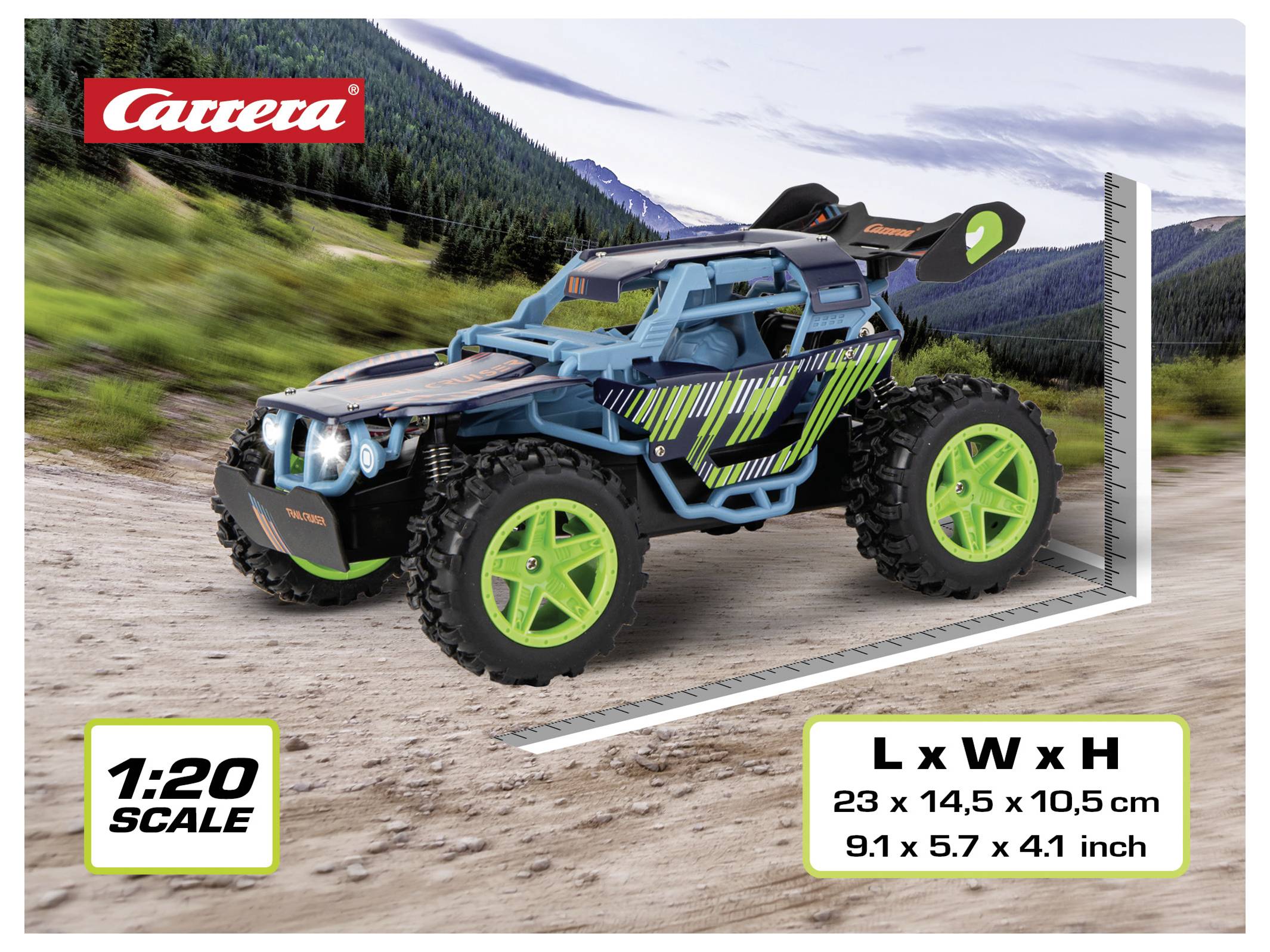 Image d'emballage d'un camion RC tout-terrain à l'échelle Carrera 1:20, avec des dimensions indiquées comme 23 x 14,5 x 10,5 cm (9,1 x 5,7 x 4,1 po).