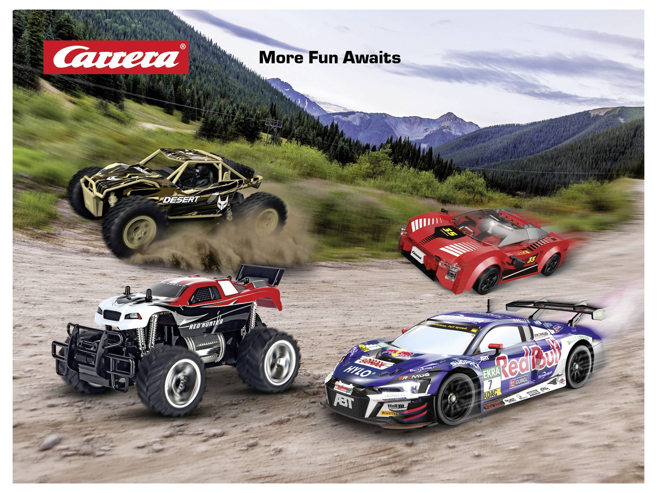 Publicité Carrera montrant quatre petites voitures de course fendant à grande vitesse sur une piste de montagne en terre avec le slogan « Plus de plaisir vous attend ».