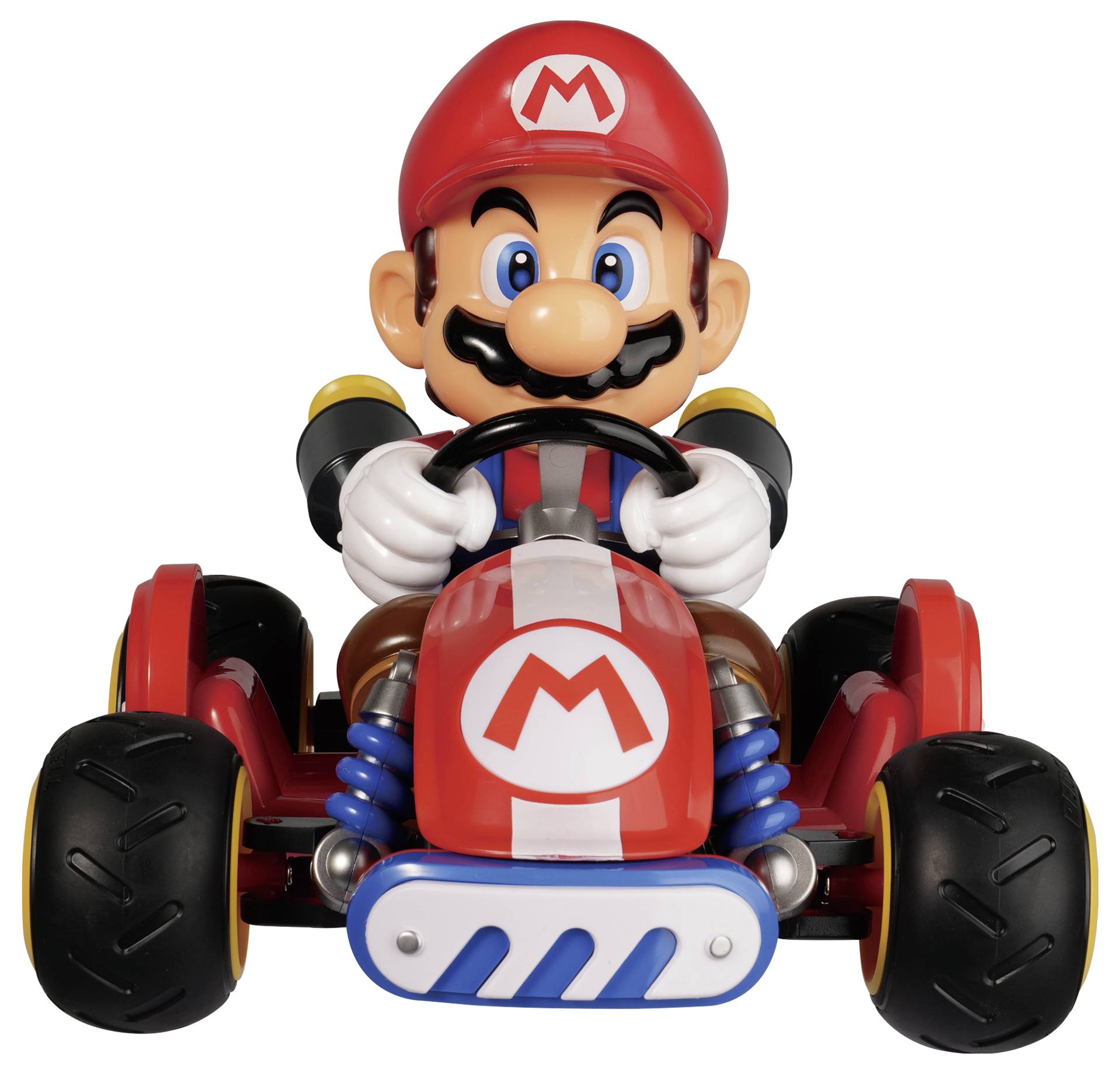Mario conduisant un kart rouge, faisant face vers l'avant sur un fond blanc, portant sa casquette rouge avec un « M » et des gants blancs.