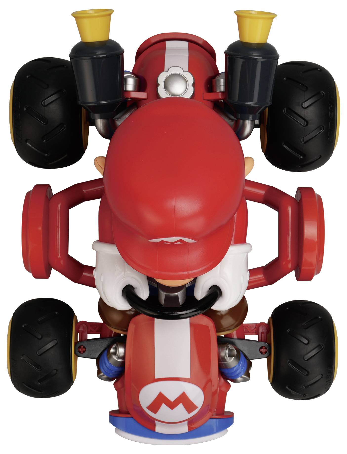Vue de dessus d'une voiture jouet Mario Kart rouge présentant le logo « M » de Mario, des roues noires et Mario assis à l'intérieur.