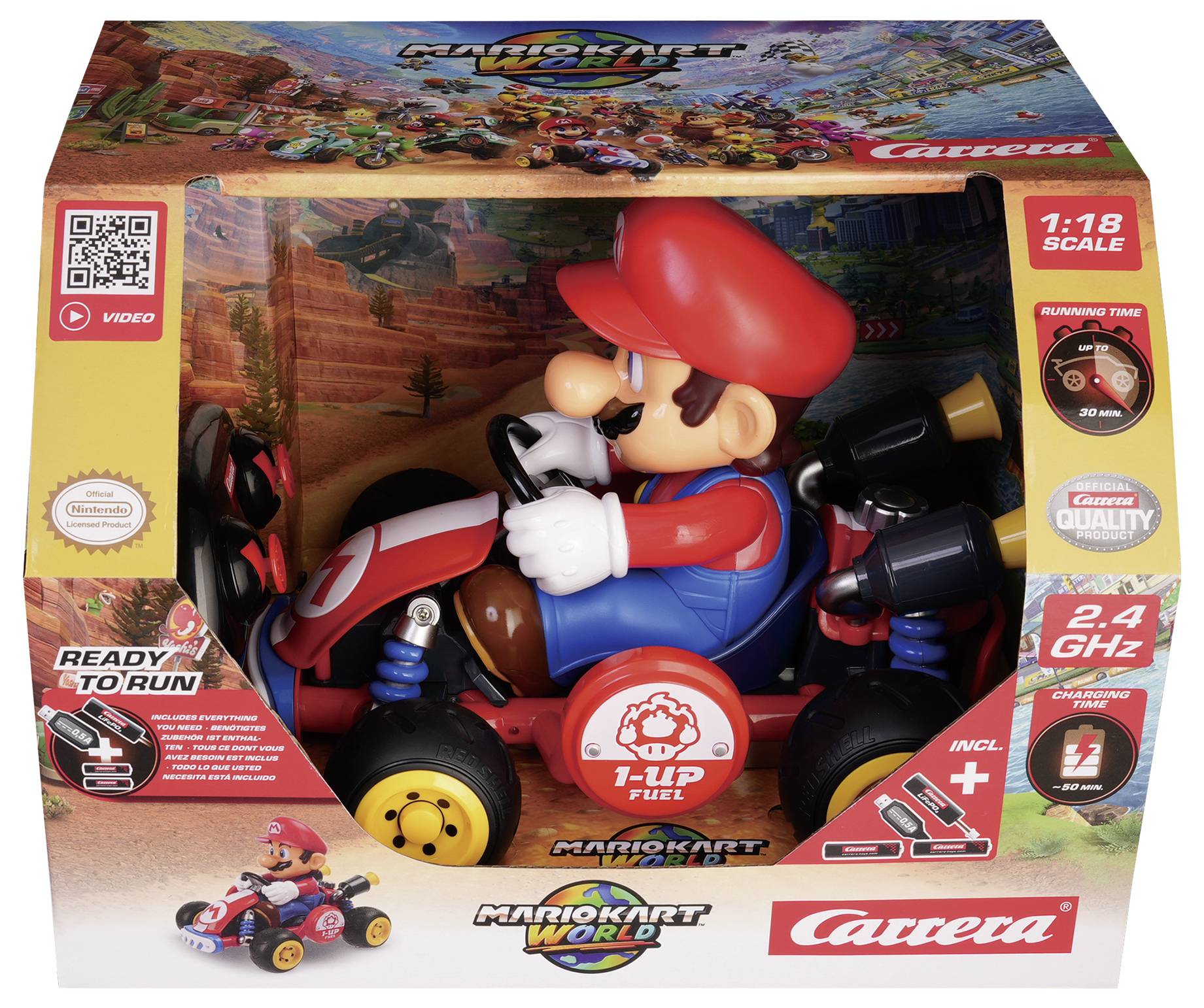 Mario Kart World Carrera 1:18 échelle voiture de course télécommandée Mario Kart en emballage de vente au détail, montrant le kart et le contrôleur, prêt à fonctionner.