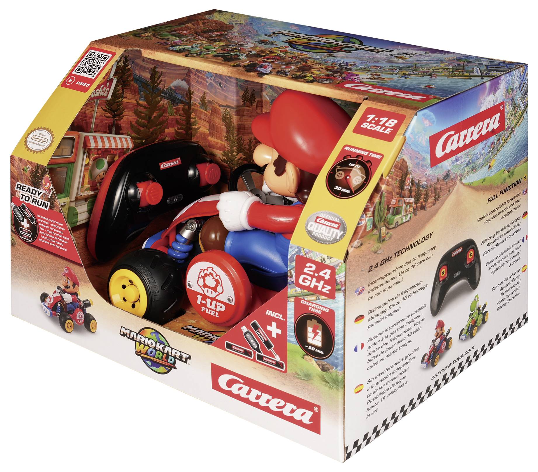 Ensemble de voitures de course jouet Mario Kart Carrera dans une boîte, montrant Mario dans un kart rouge avec manette, échelle 1:18 et marque de télécommande 2,4 GHz.