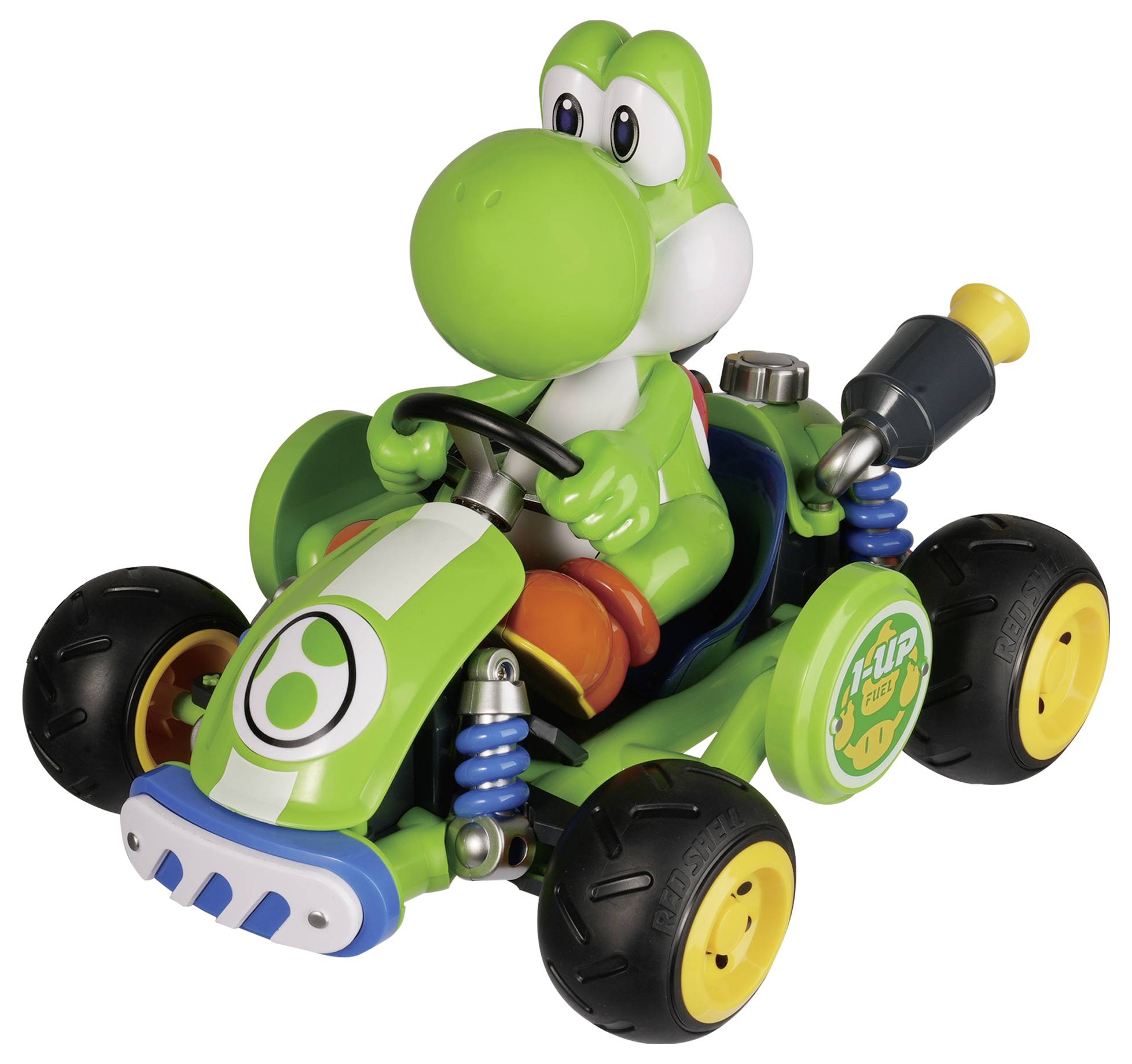 Jouet Yoshi vert dans un petit kart vert avec des roues jaunes, présenté sur un fond blanc uni.