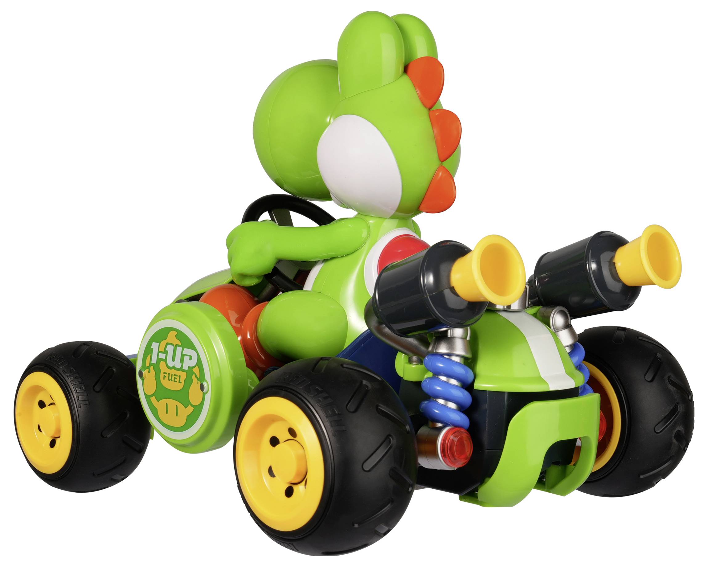 Personnage de jouet dinosaure vert conduisant un petit kart vert et noir avec de grandes roues jaunes et des phares jumeaux à l'avant, présenté sur un fond blanc.
