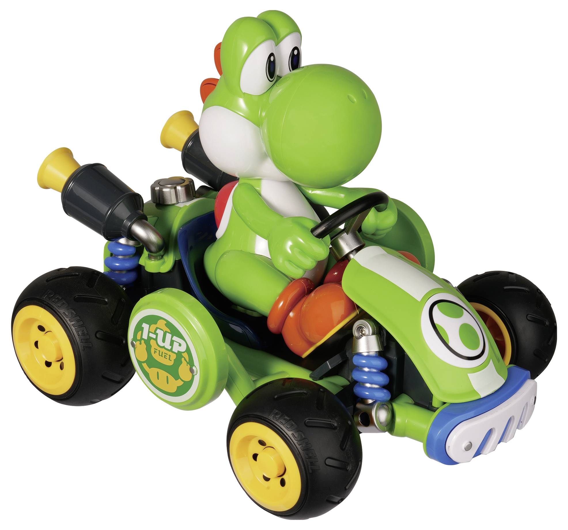 Figurine de Yoshi vert chevauchant un petit kart vert et noir à quatre roues avec des roues jaunes, présentée sur un fond blanc.