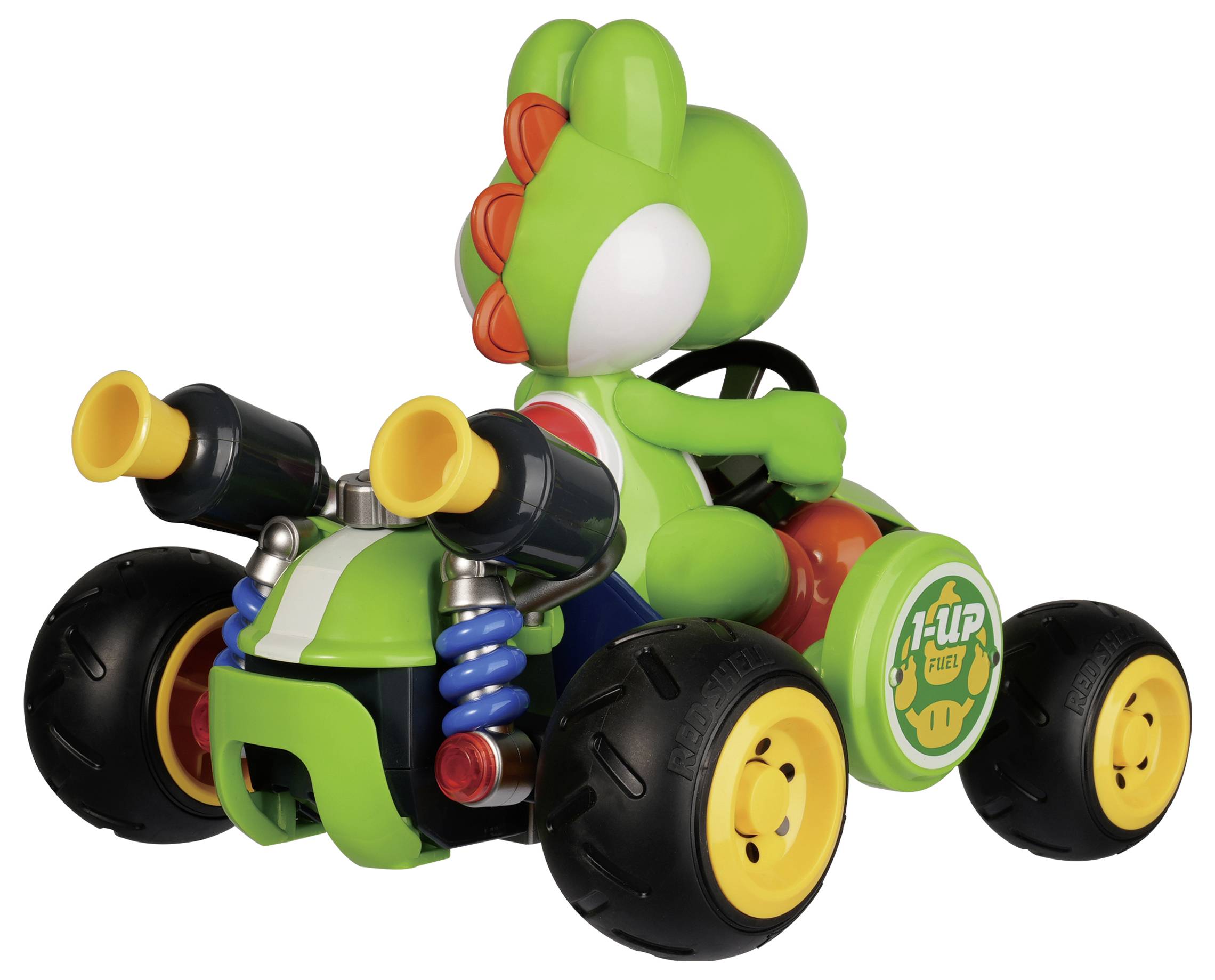Un personnage de dinosaure vert dessiné en style cartoon conduisant un petit kart à quatre roues avec des roues jaunes et des tuyaux d'échappement arrière.