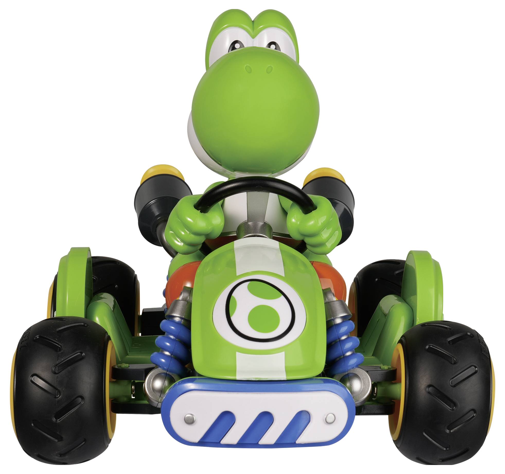Personnage Yoshi vert conduisant un petit kart, vue de face sur un fond blanc.