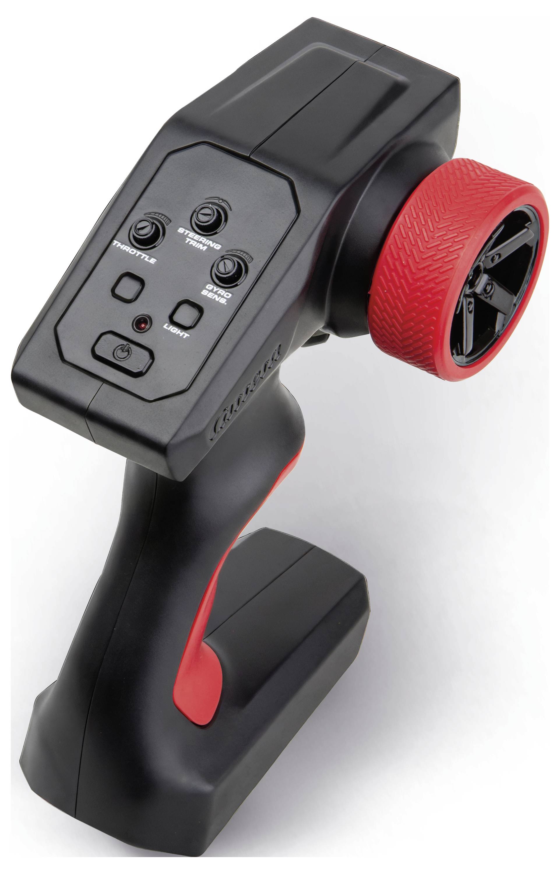 Télécommande noire portable avec molette latérale rouge, prise en main pour le pouce et boutons étiquetés pour l'utilisation d'un appareil.