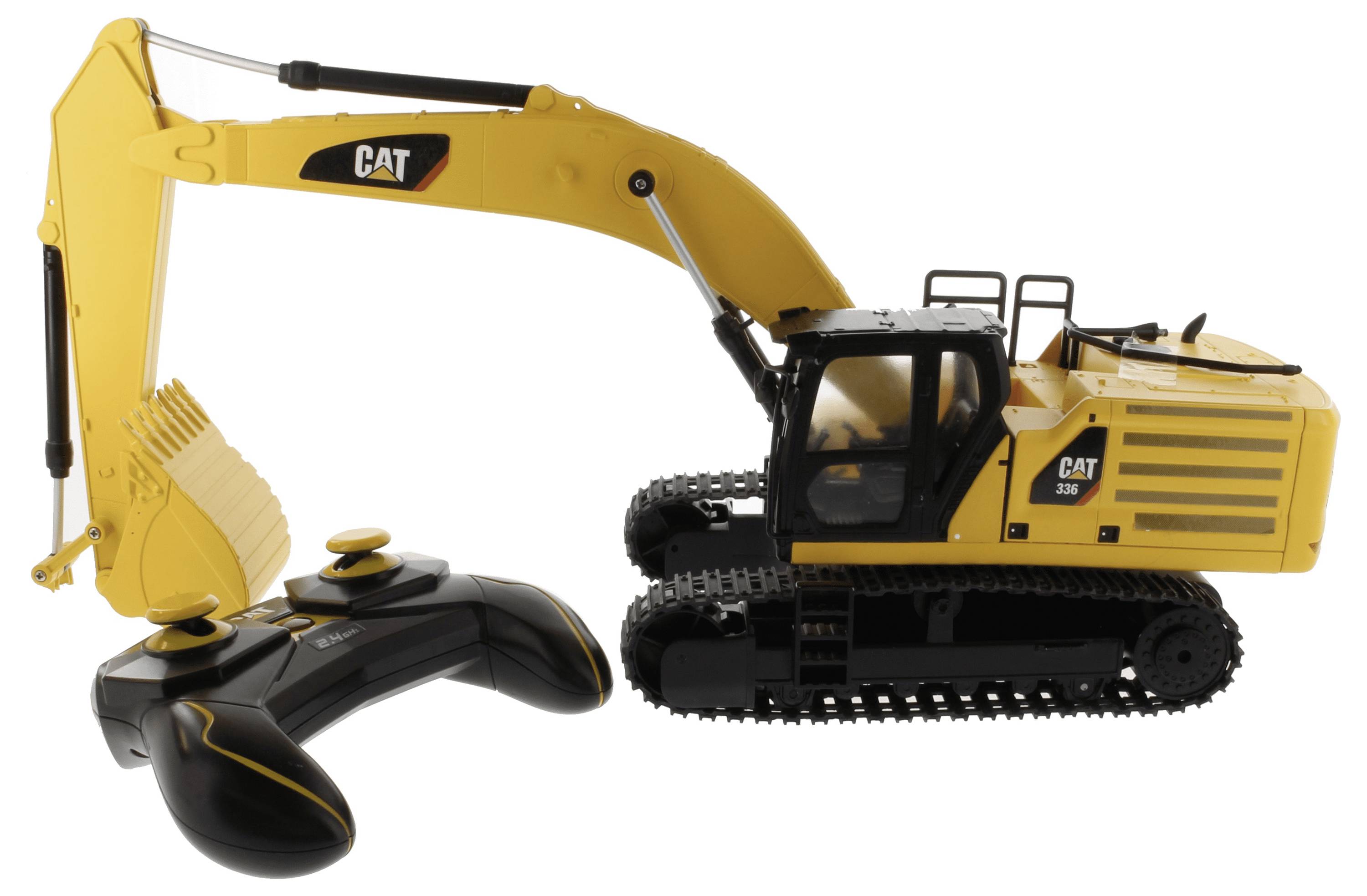 Jouet excavatrice CAT jaune avec télécommande, présenté sur un fond blanc.