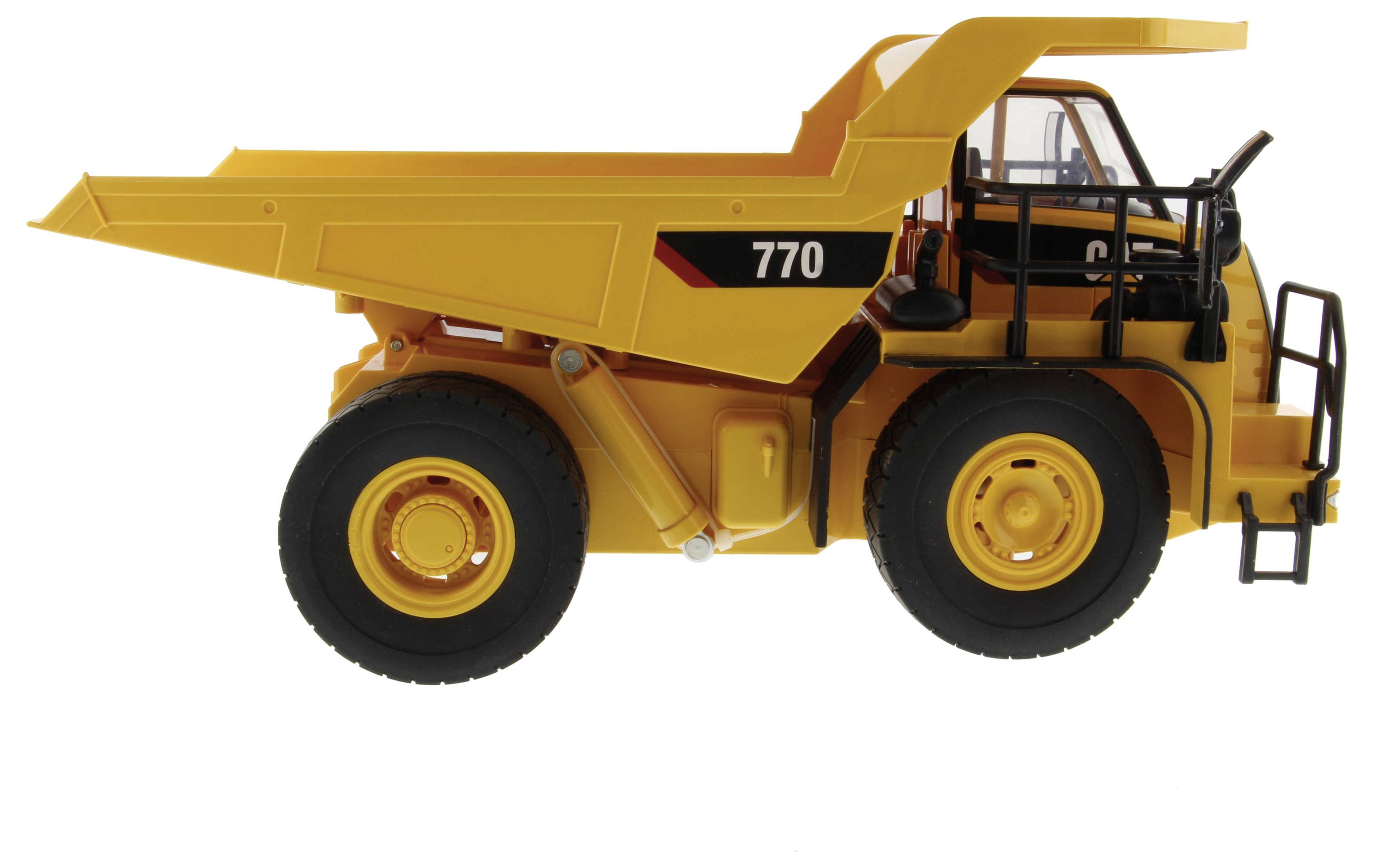 Camion benne jaune vue de côté étiqueté « 770 » sur fond blanc.