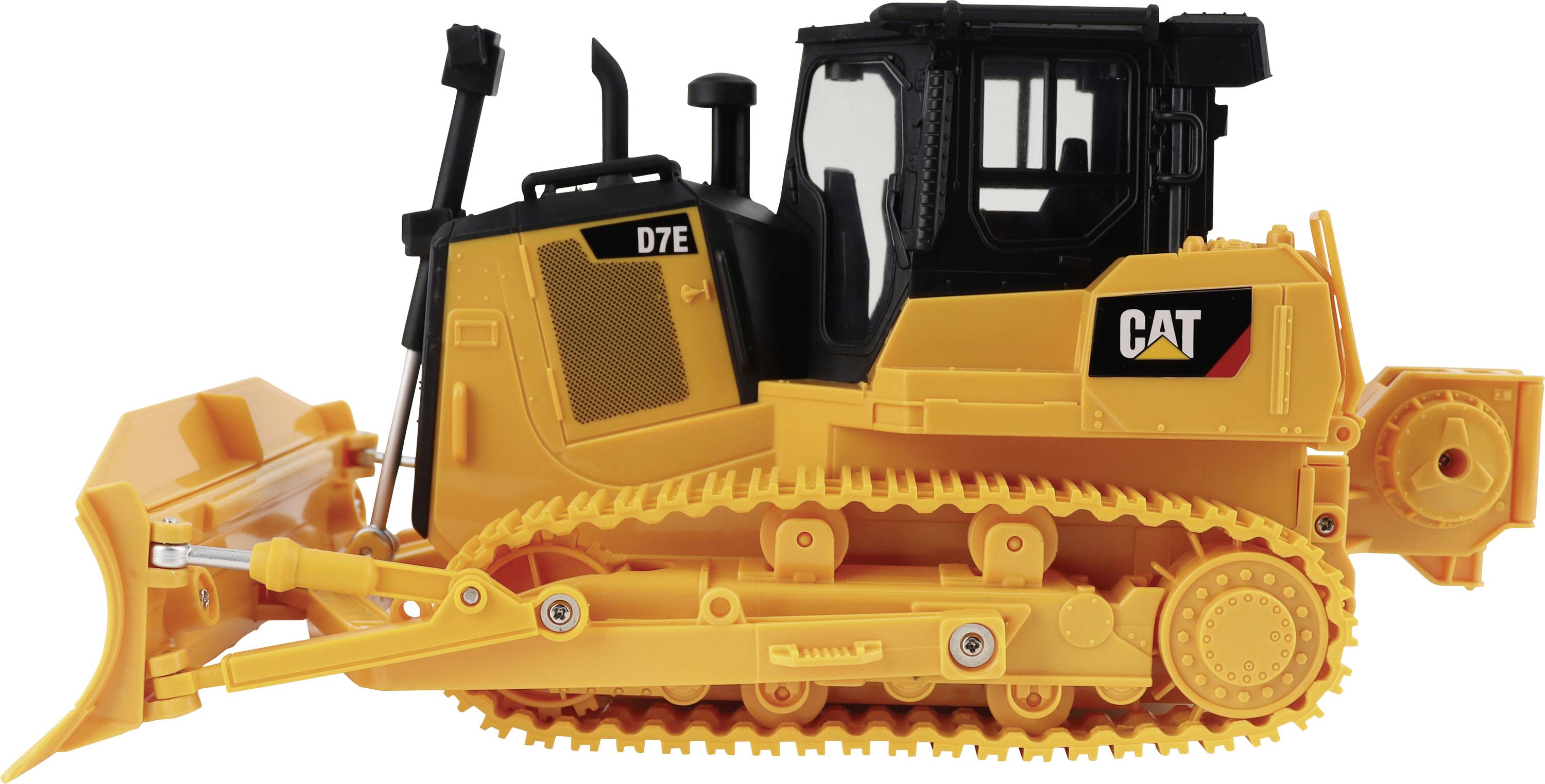 Vue latérale d'un jouet bulldozer CAT D7E jaune avec lame frontale relevée sur fond blanc.