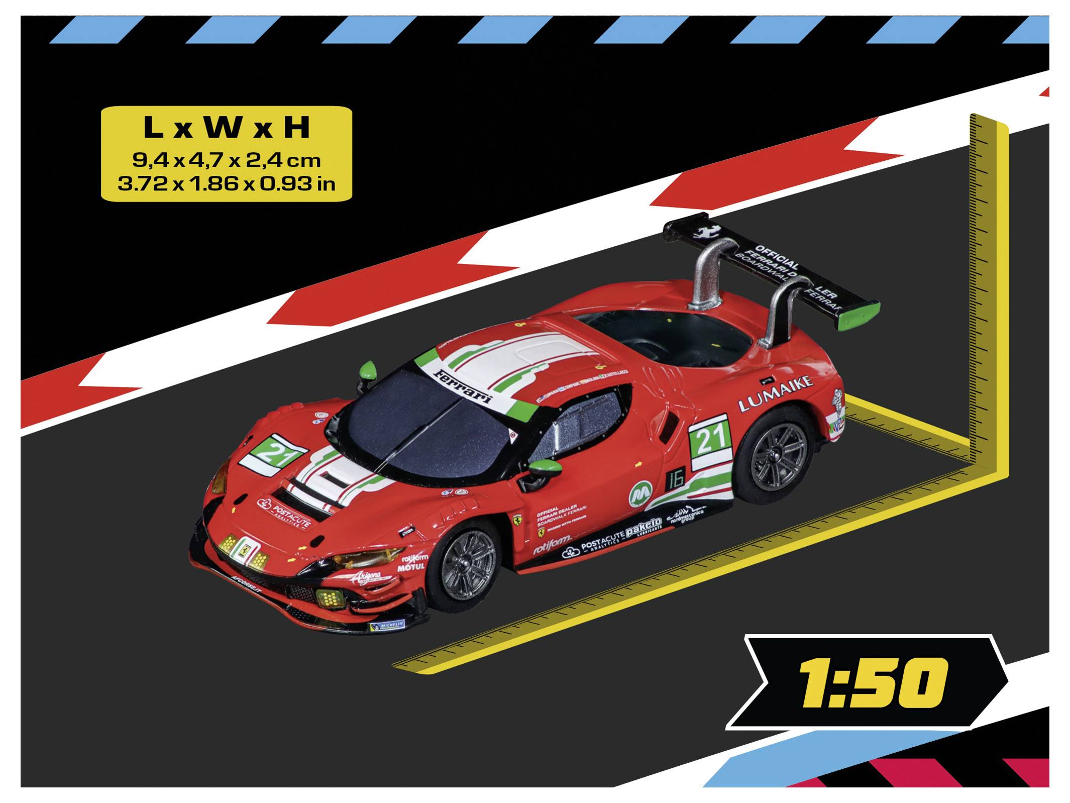 Maquette à l'échelle 1:50 d'une voiture de course rouge en boîte avec dimensions étiquetées 9,4 x 4,7 x 2,4 cm (3,72 x 1,86 x 0,93 po).