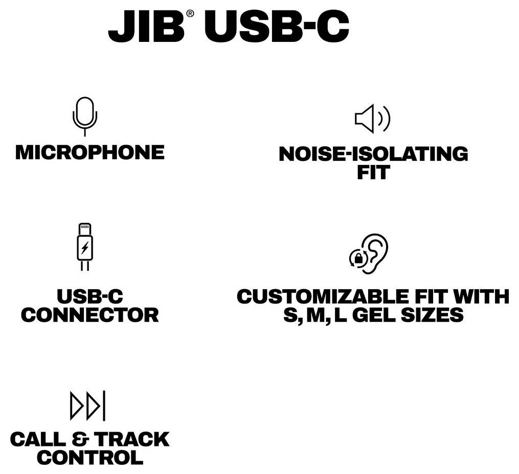 Graphique de fonctionnalités du produit pour « JIB USB-C » montrant le microphone, l'ajustement isolant le bruit, le connecteur USB-C, les tailles de gel personnalisables S/M/L et les icônes de contrôle des appels et des pistes.