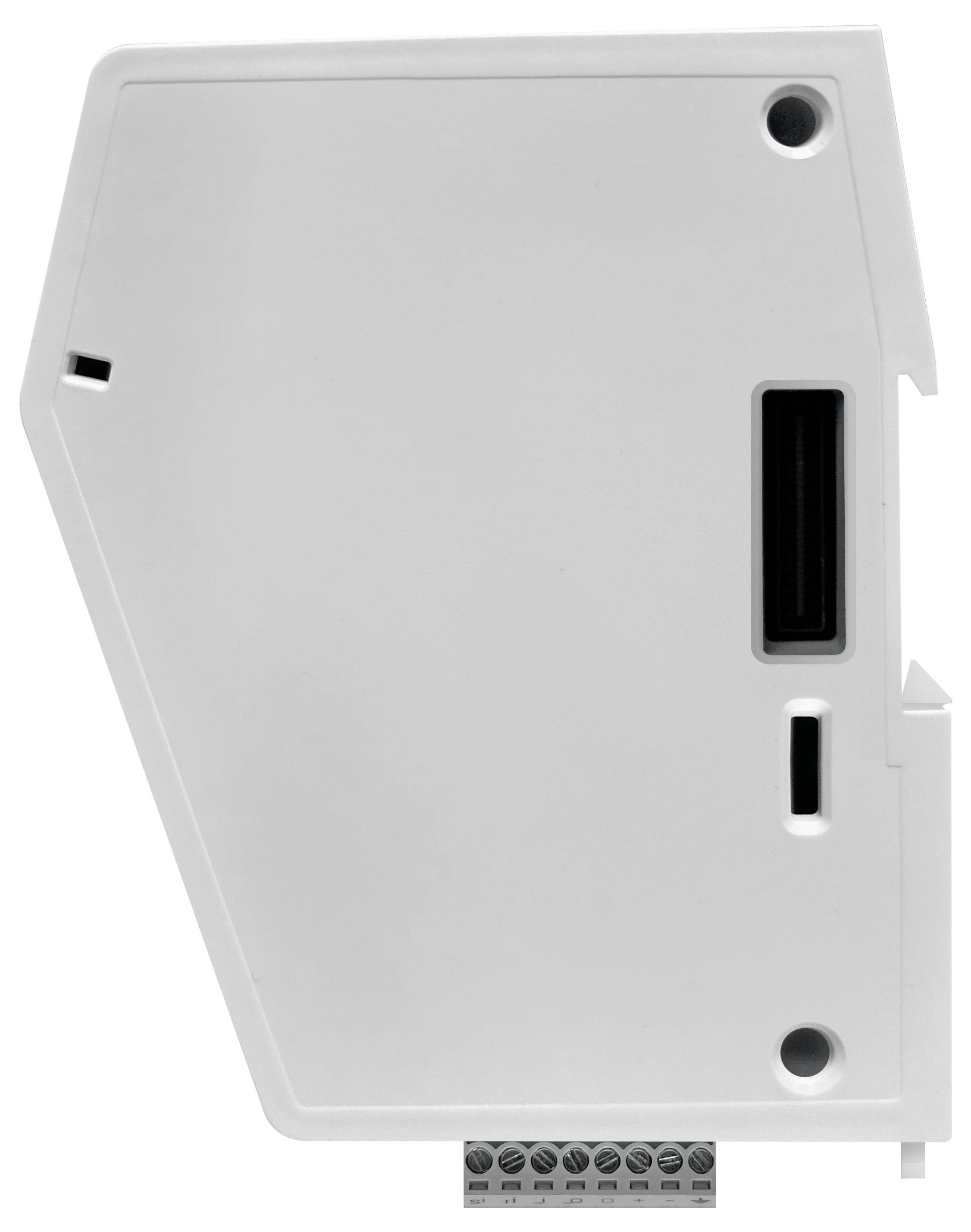 Boîtier de module électrique en plastique blanc avec trous de montage et ouvertures latérales, présenté isolé sur un fond blanc.