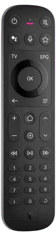 Télécommande TV noire avec boutons de mise sous tension, sourdine, microphone, TV/EPG, pavé directionnel OK, volume, chaîne, lecture, touches numériques, et boutons accueil/menu.