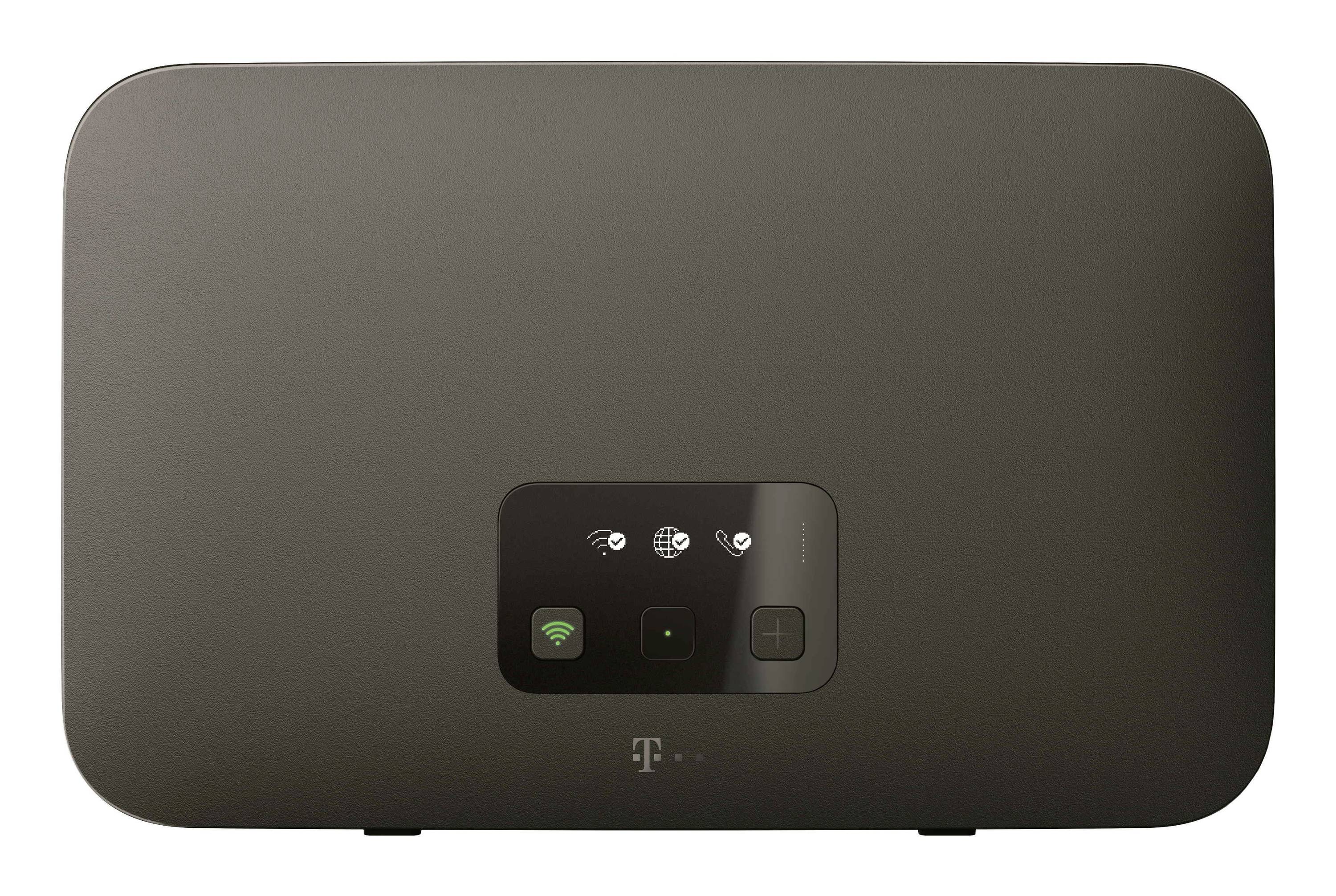 Vue de face d'un routeur sans fil T-Mobile noir avec des voyants de statut et des commandes tactiles sur un fond blanc.