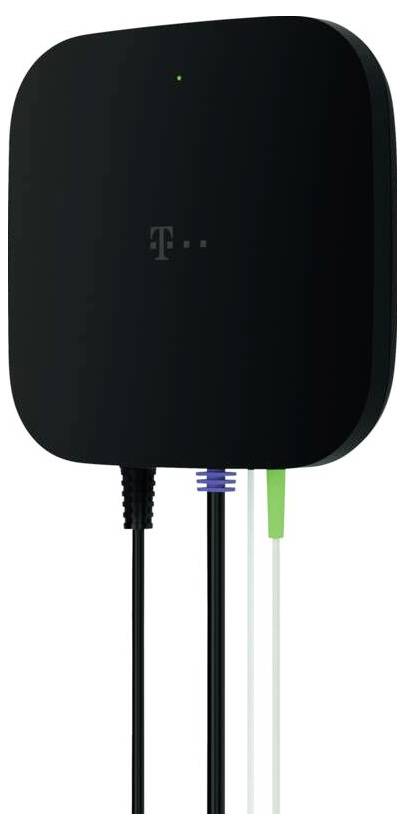 Appareil de télécommunications carré noir avec un logo T et un voyant d'état vert, présenté avec trois câbles connectés qui pendent en dessous.