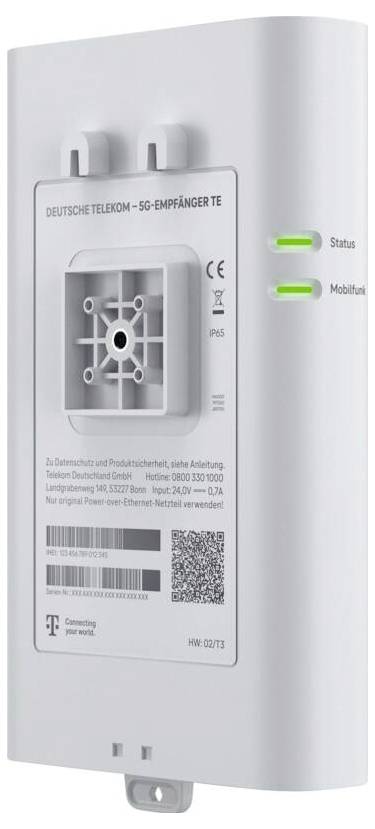 Vue arrière d'un récepteur/routeur 5G Deutsche Telekom avec support mural, deux voyants d'état verts, étiquettes et code-barres sur le panneau arrière.