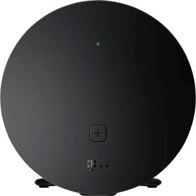 Routeur ou modem T-Mobile circulaire noir sur un fond blanc, avec un petit voyant de statut vert et un logo T à l'avant.