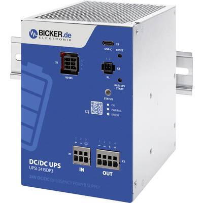 Vue de face d'un module UPS CC/CC Bicker Elektronik étiqueté « UPSI-2415DP3 », avec USB-C, RS485, démarrage batterie, voyants d'état et connecteurs d'alimentation E/S.