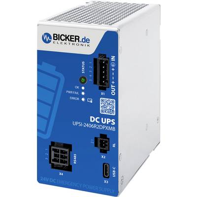Module d'alimentation d'urgence CC UPS Bicker.de Elektronik avec LED d'état, ports d'entrée/sortie, code QR et nom de modèle UPSi-2406R2DPXMB.