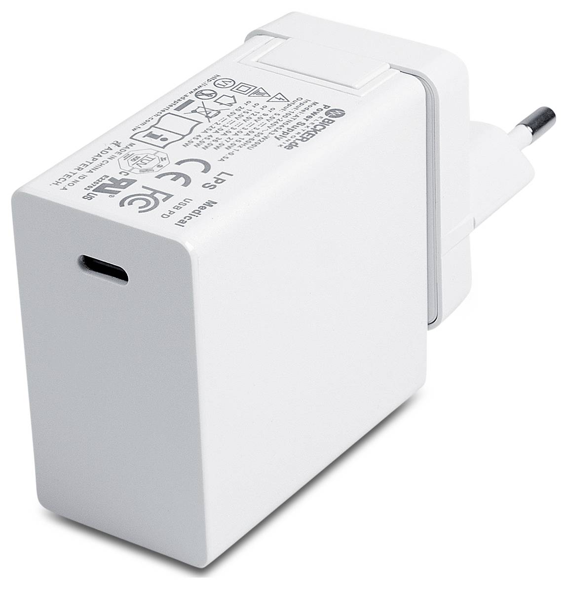 Adaptateur de chargement mural USB blanc avec un seul port USB-C et des broches pour brancher dans une prise murale.