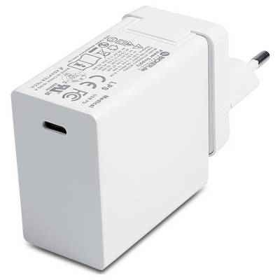 Adaptateur de chargement mural USB blanc avec un seul port USB-C et des broches pour brancher dans une prise murale.