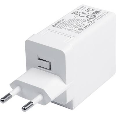 Adaptateur secteur de chargeur mural USB blanc avec deux broches de prise européenne rondes, montré en gros plan sur un fond blanc.