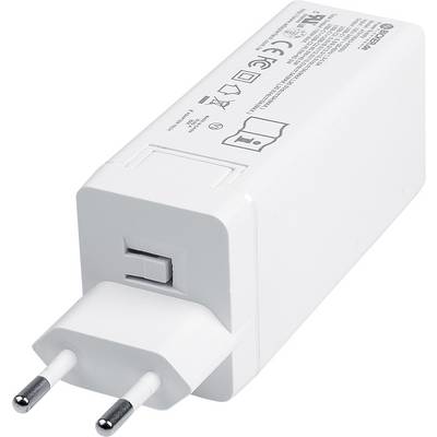 Adaptateur secteur blanc EU avec deux broches rondes, présenté à un angle sur un fond uni.